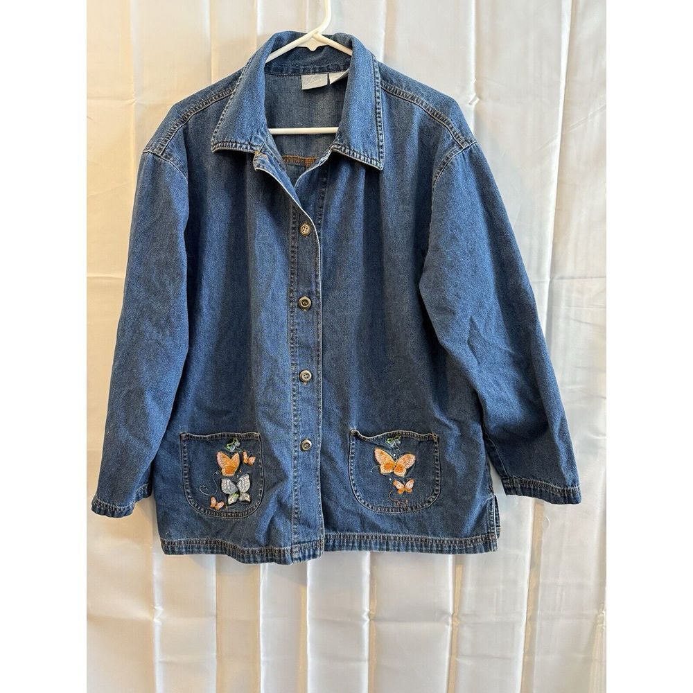 Blair Denim Shirt Jacket Grandma Large Embroidered Butterfly Pockets Vintage